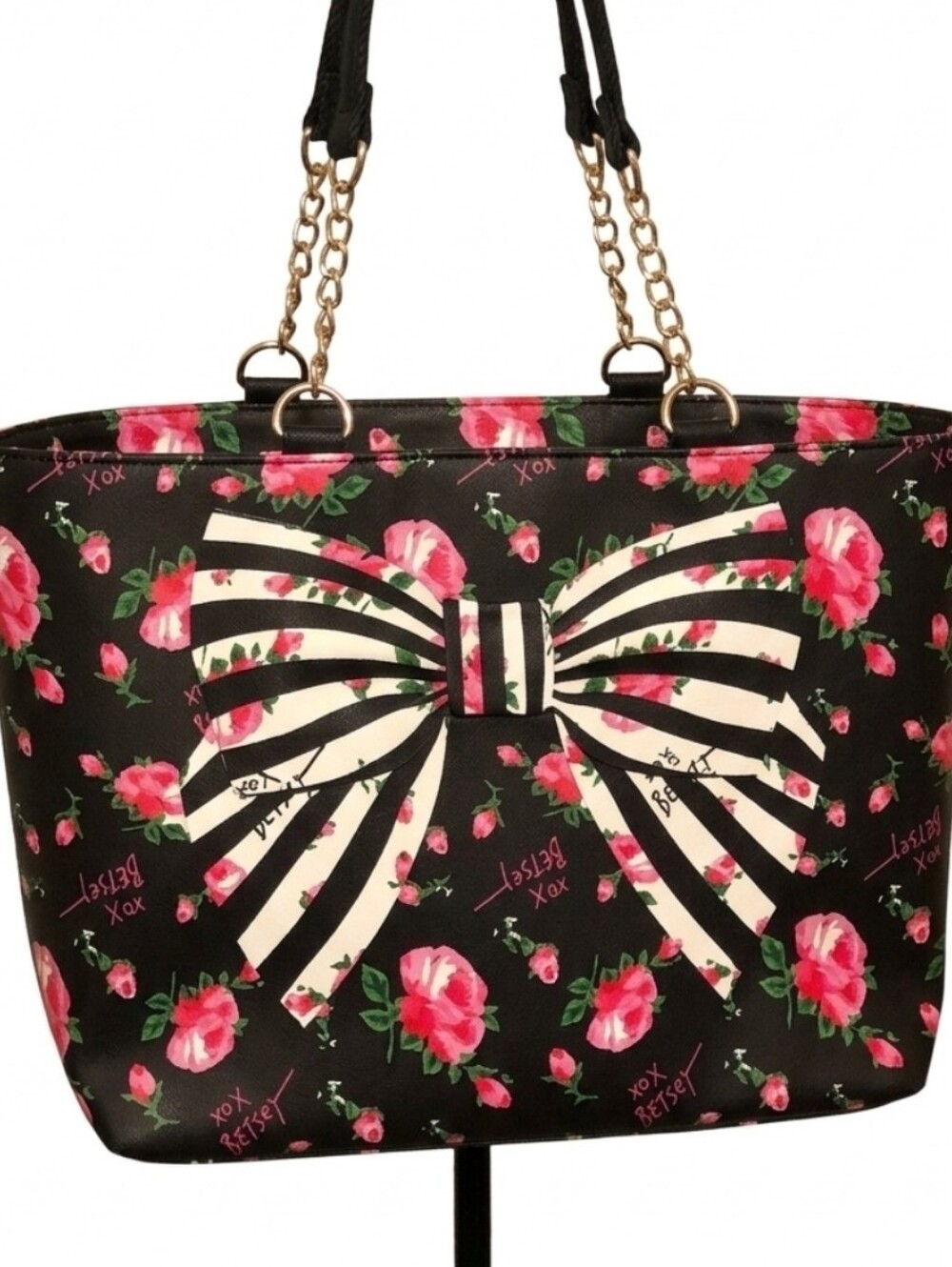 Betsey Johnson Black Floral Bow Tote Bag Vivid PINK Flowers